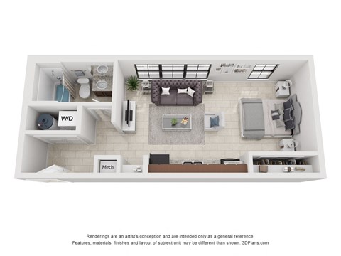 a stylized floor plan with a bedroom and a living room